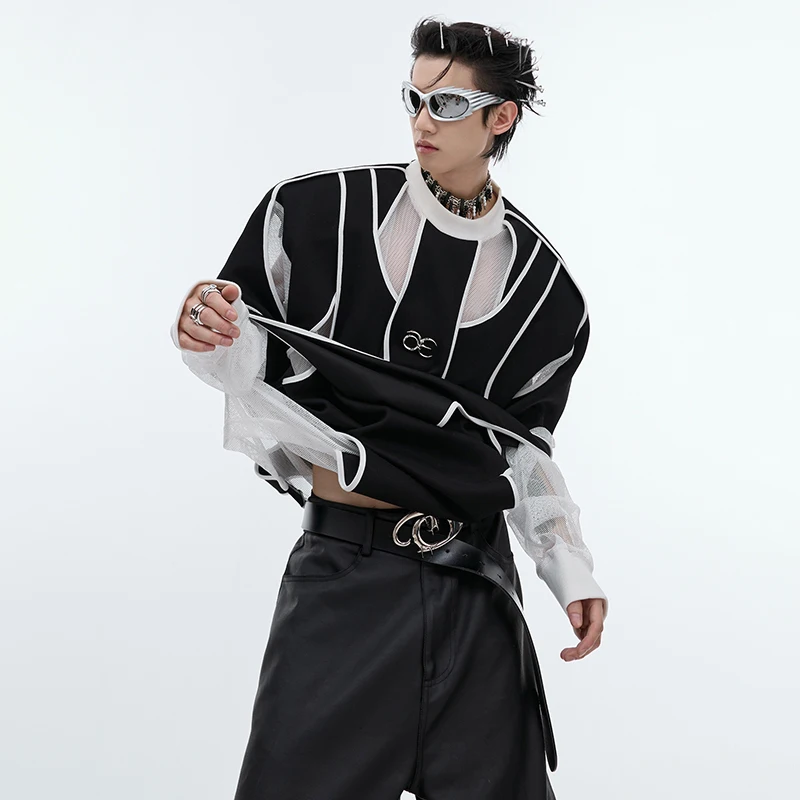 LUZHEN Original Streetwear Men's Color Contrast Patchwork Design Hollow Out Mesh Long Sleeve T-shirts 2025 New Clothes JY2900