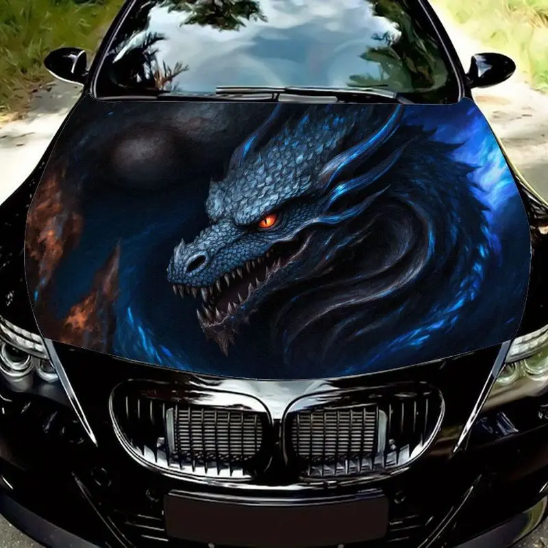 

1 Wild Blue Dragon with Glowing Orange Eyes Car Hood Sticker | Rainbow Blue Scales and Spiked Topper, Threatening