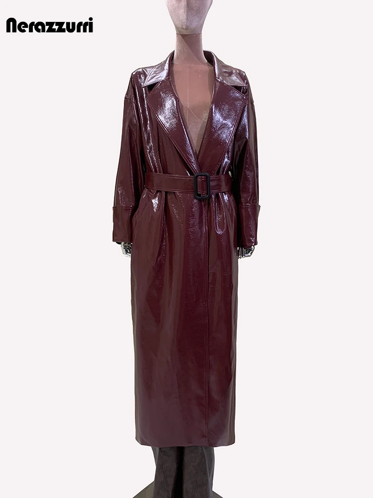 Nerazzurri primavera oversize Extra lungo Trench in pelle Pu bordeaux per cintura da donna elegante cappotto di design di lusso