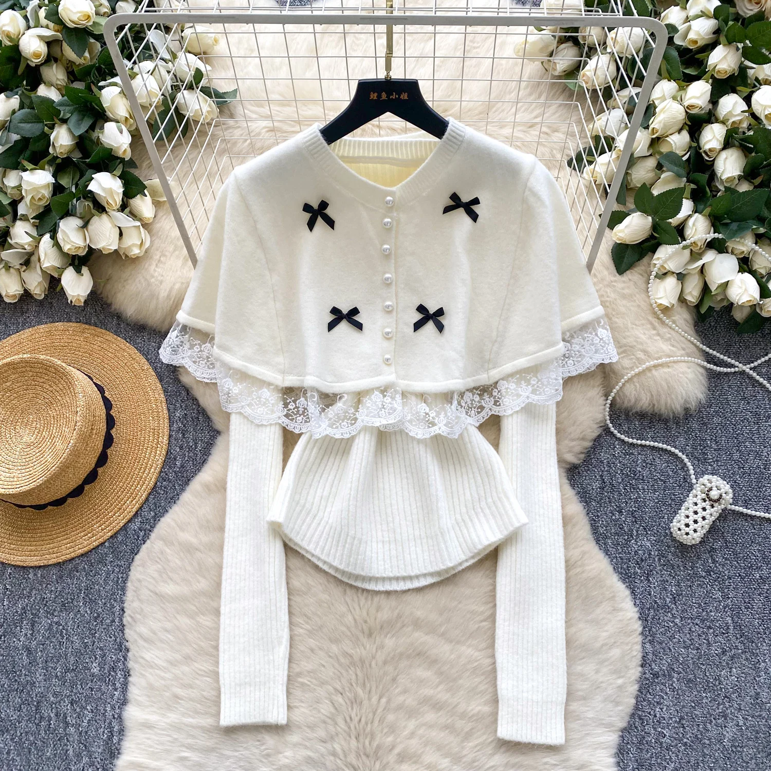 

Women Winter Knit Shawl Capes Cloak Sets Lady Knit Lace Pearls Bow Sweater Tops Luxury Festival Party Holiday Xmas Coats Jackets
