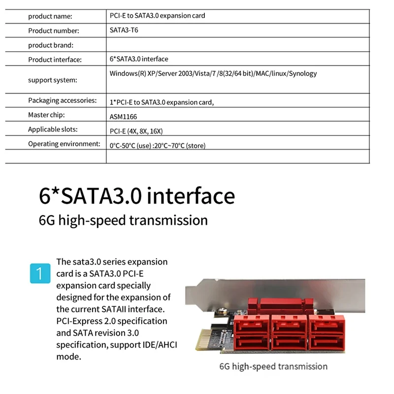 

Pcie To SATA Adapter Controller Controller Expansion Card ASM1166 For HDD SSD With 8Cm/12Cm Bracket