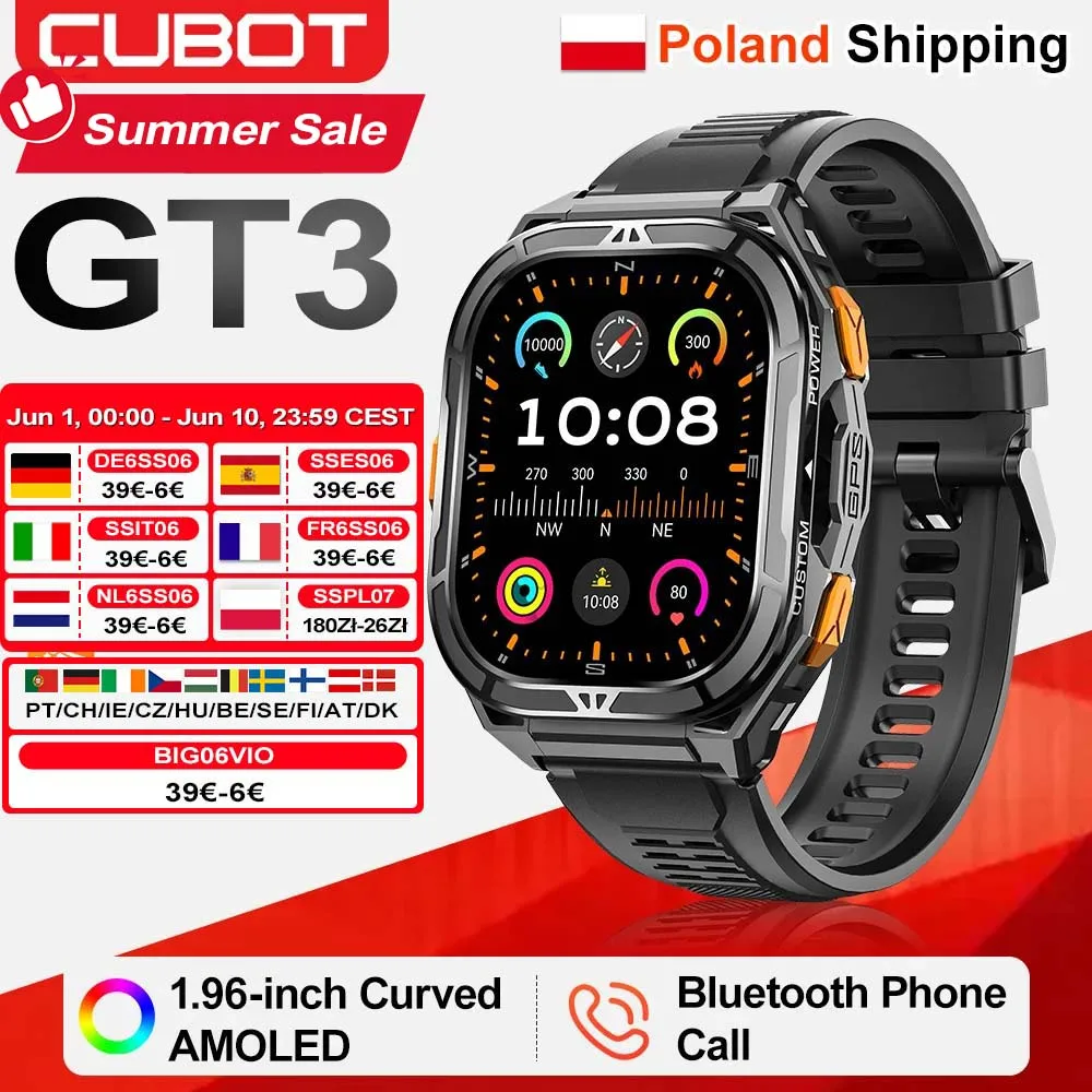 [Envío desde Polonia] Reloj inteligente Cubot GT3, resistente al agua 5ATM, pantalla AMOLED de 1,96 pulgadas, monitor de oxígeno en sangre, rastreador de actividad física, frecuencia cardíaca, GPS,
