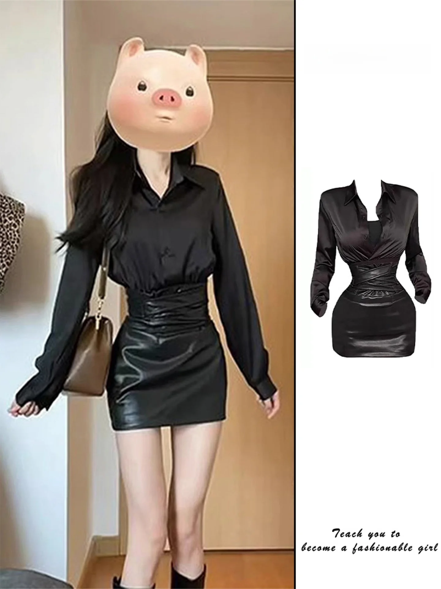 

Sexy Spicy Girl Set Women's Long Sve Turn-down Collar irt Waist-cinched Skirt PU Leather Spring Autumn High-ade F...