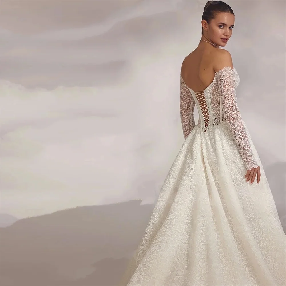 Customized Full Lace Wedding Dresses Off Shoulder Corset ALine Floor Length Bride Bridal Gown Long Sleeve Vestido De Noiva Robes