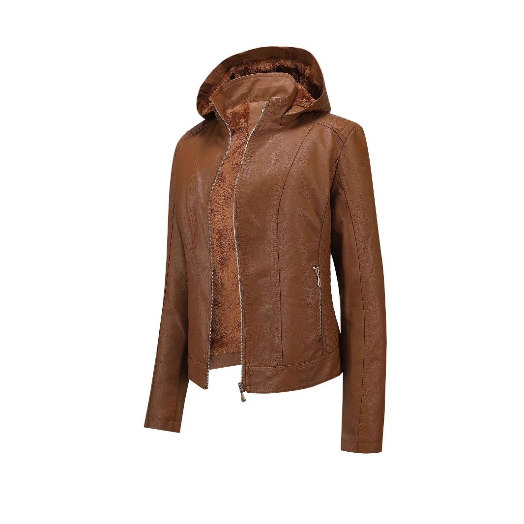 Women Hooded PU Lacket Fashion Slimming Fit Thickened Coat with Hat Autumn Winter Collection Zipper Style Leather Clothing
