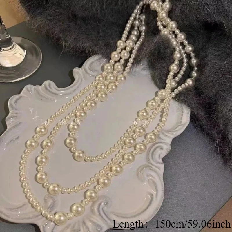 Vintage 150cm Long Multi Layered Imitation Pearl Necklace For Women Elegant Luxury Collar Chain Sweater Chain Necklaces Luxury J