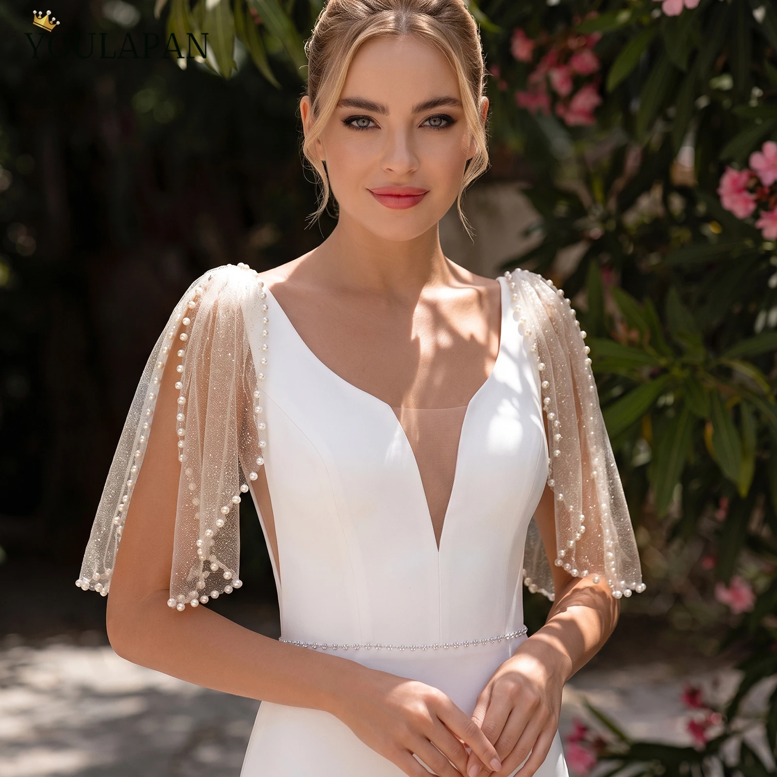 TOPQUEEN Stylish Short Bridal Prom Shawl Glitter Tulle Bolero Adorned With Delicate Pearl Trim And Secured With Safety Pin Vg40A