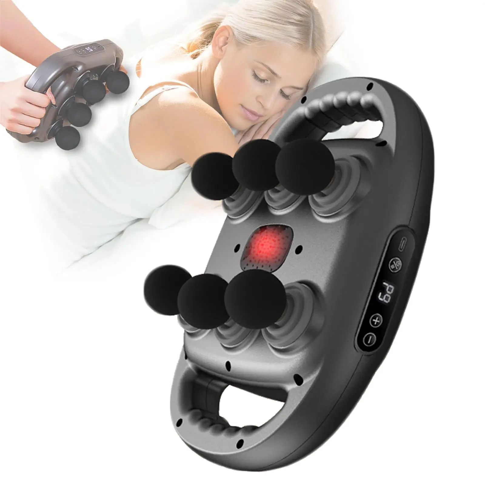 

Массажер для глубоких тканей, расслабляющее мышцы тела, глубокий массаж с 6 головками, 9 уровней и 9 режимов, тепловой компресс красного света, глубина массажа