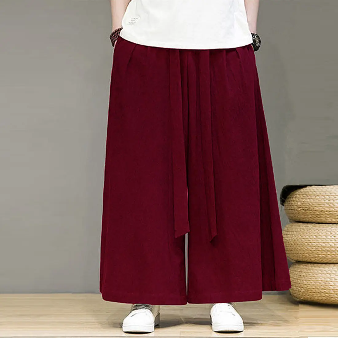 중국 스타일 남성 바지 면 린넨 봄 가을 플러스 사이즈 통기성 루즈 스트레이트 캐주얼 와이드 레그 팬츠 우슈 의류