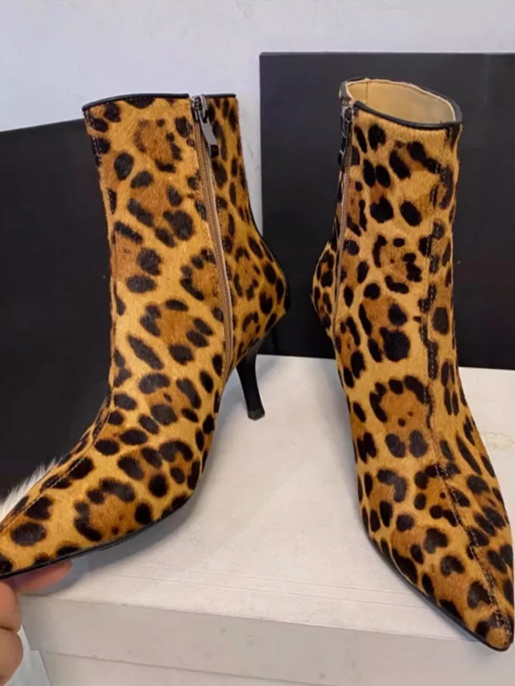 Elegant Ladies Pointed Toe Real Horsehair Leopard Ankle Boots Thin High Heels Modern Boots New Women Office Work High Top Shoes