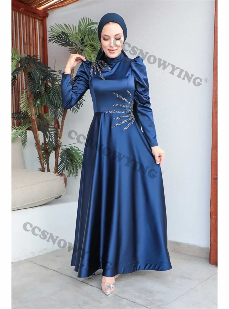 Vestido De noche musulmán De manga larga para mujer, Hijab, apliques De satén islámicos, vestido De fiesta Formal árabe De Dubái, azul marino