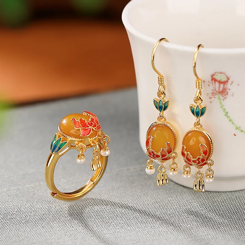 

S925 Sterling Silver Gold-Plated Amber Cloisonné Enamel Pearl Bud Earrings National Trend Ring Set