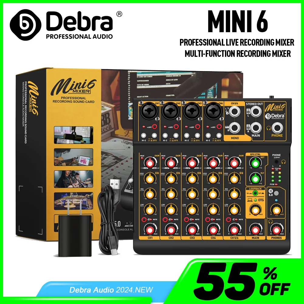 Debra Mini6 6 Channel Audio Mixer DJ Console Bluetooth 5.0 OTG Reverb 48V Sound Card For Live Broadcast PC Recording