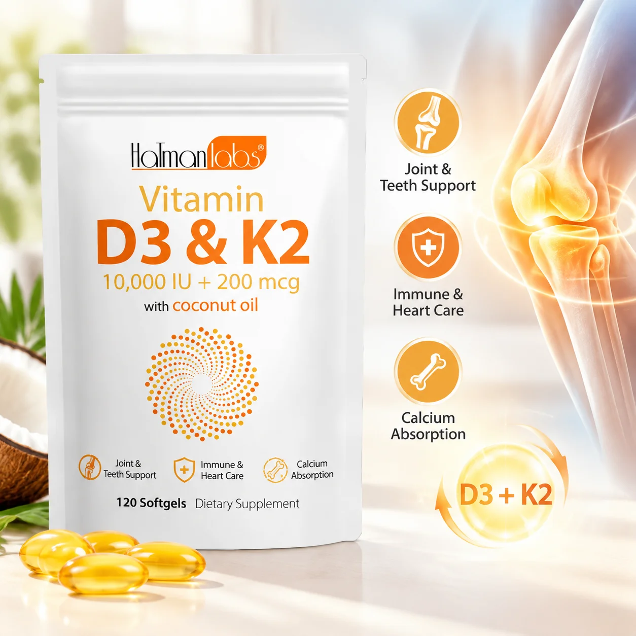 Vitamin D3 K2 Softgels - Joint & Teeth Support, Cardiovascular, Calcium Absorption, Coconut Oil 10000IU + MK7 200mcg, 120 Count