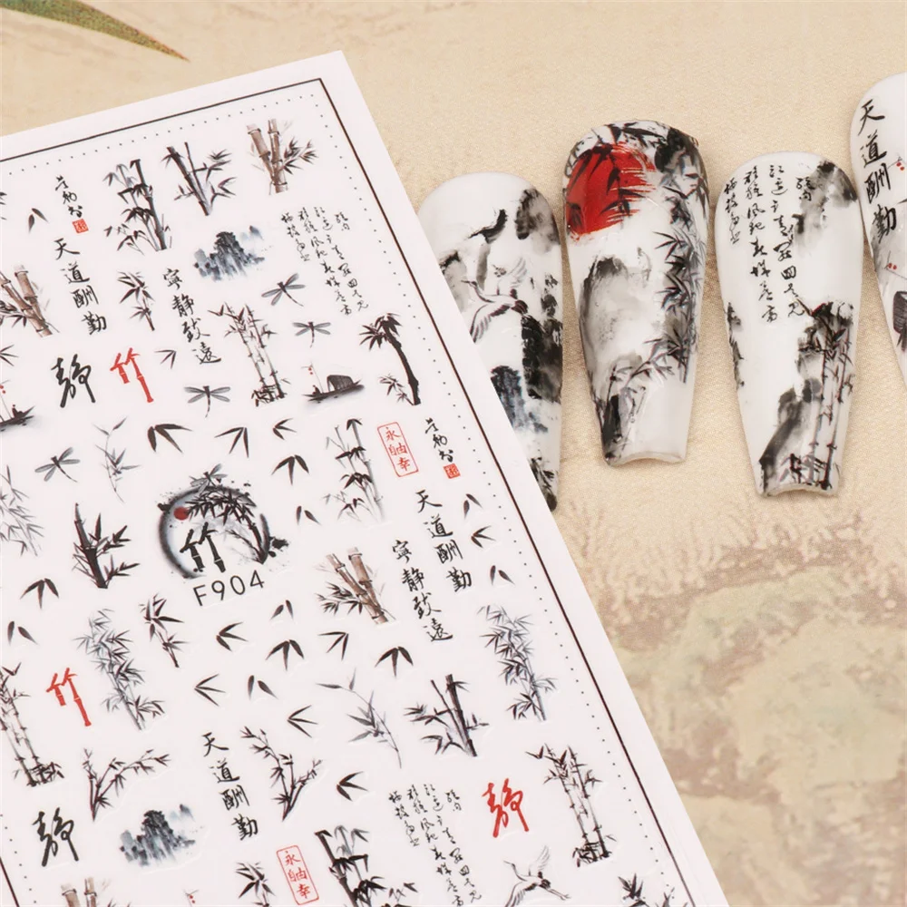 Chinese Characters Nail Stickers Watercolor Flowers Bamboo Leaf Sliders Moutain Crane Birds Decals Letters Manicure Foils NLF903