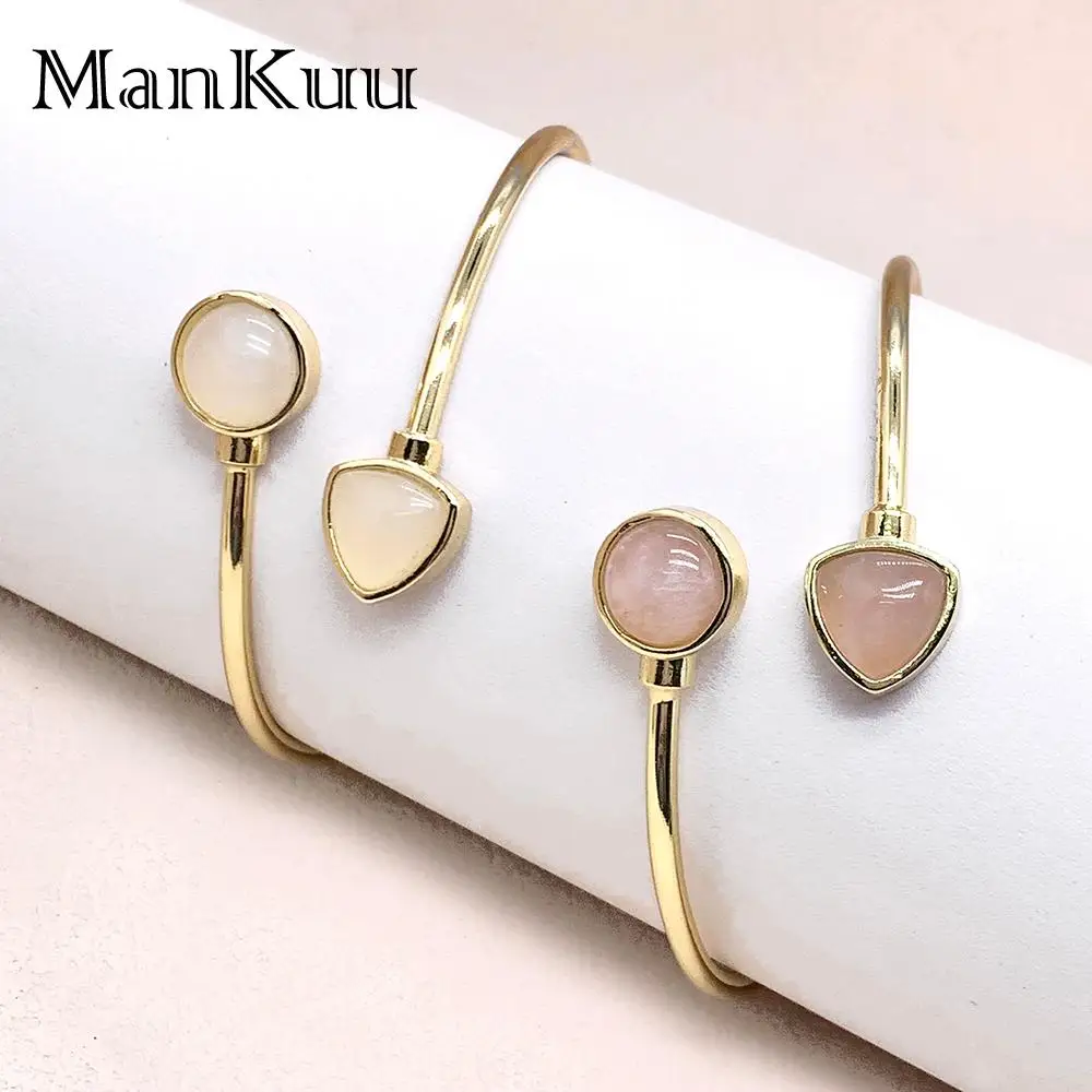 Mankuu Elegant Jewelry Natural Rose Quartz Crystal Stone White Jade Gold Plated Adjustable Bracelets Women Gifts Daily Wear