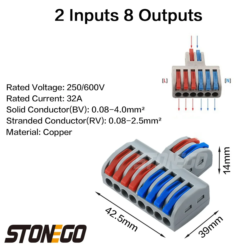 STONEGO Wire Fast Connector 2 In 4/6/8 Out Wire Splitter Terminal Compact Wiring Cable Connector image 4