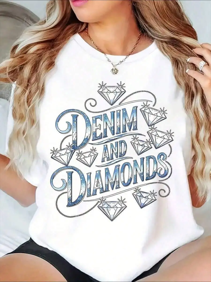 

Denim And Diamonds Graphic T-Shirt Women Casual Summer Top