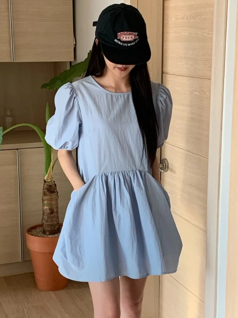 

Свободная женская юбка Bubble Sve Pure Color Summer New Sle Korean Version Doll Blue Dr, круглая юбка Ne Design