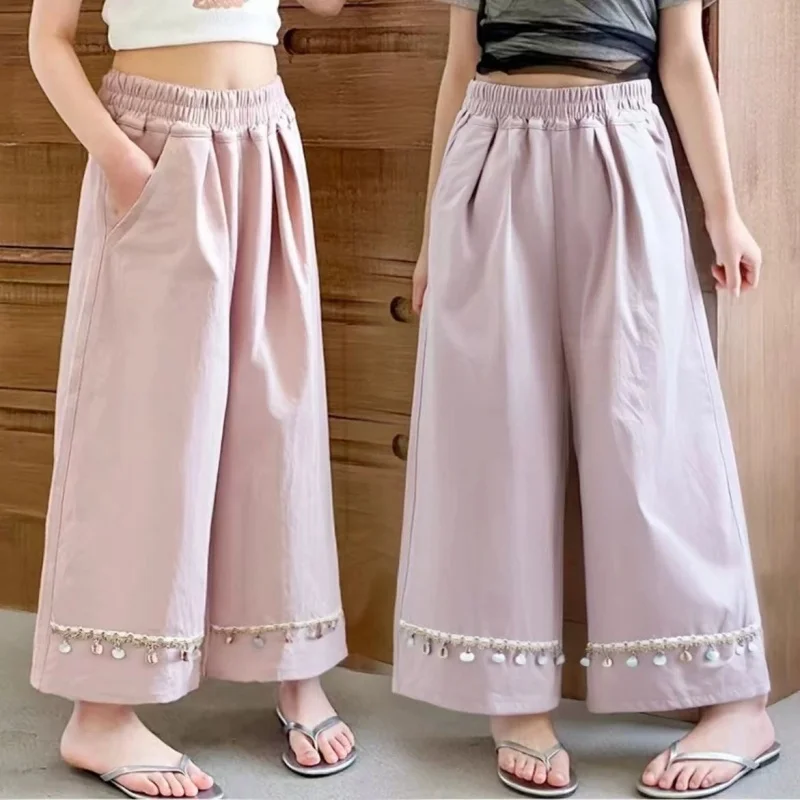 

Girls' 2026 Summer Cropped Pants in Medium To Large Children's Color, Stylish Loose Straight Leg Pants, New Casual Pants
