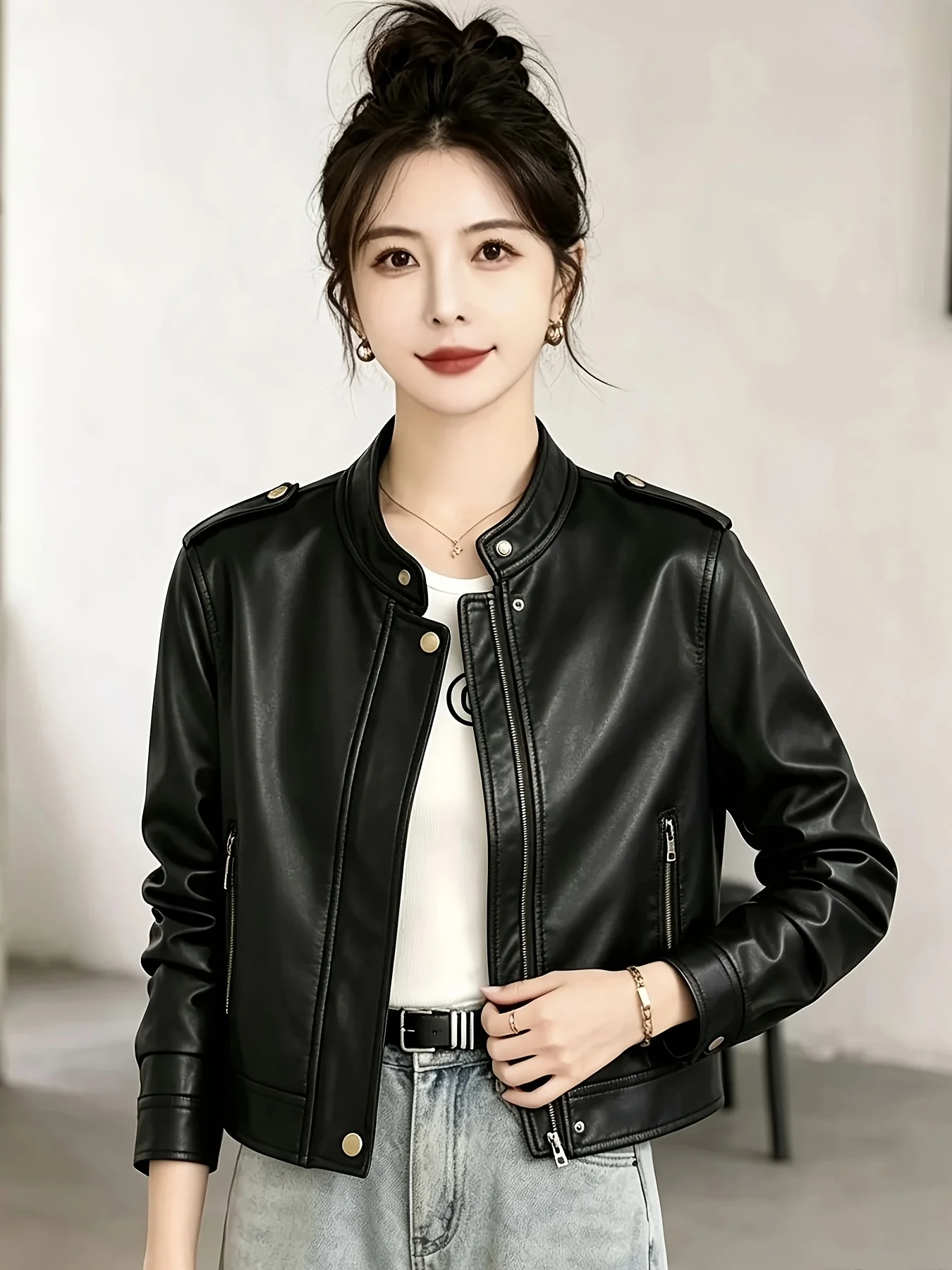 Women's Spring Autumn round Neck Casual Fashion Zipper Pocket Short PU Leather Jacket Coat Stylish Compact Design