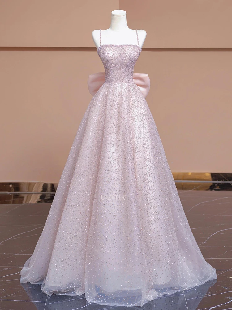 الوردي أنيقة لامعة فستان حفلات المرأة السباغيتي الأشرطة ألف خط مع القوس الظهر حفلة رسمية ثوب مسائي فساتين المشاهير حسب الطلب