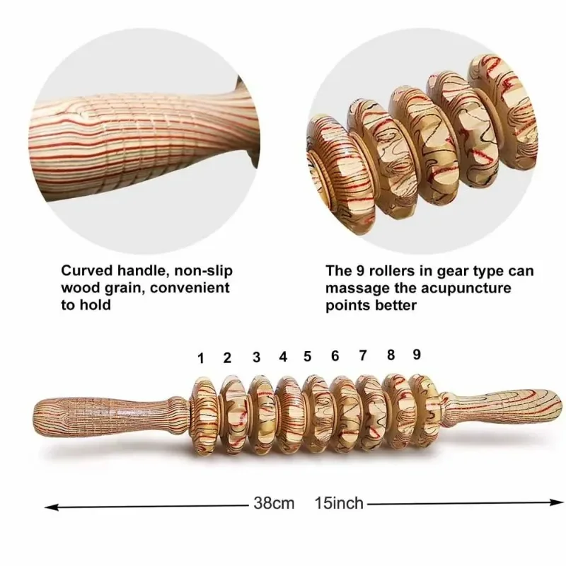 9 بكرات مدلك خشبي يده عصا دوارة الزناد نقطة أدوات التدليك اليدوية لمكافحة السيلوليت ، تخفيف آلام عضلات الجسم