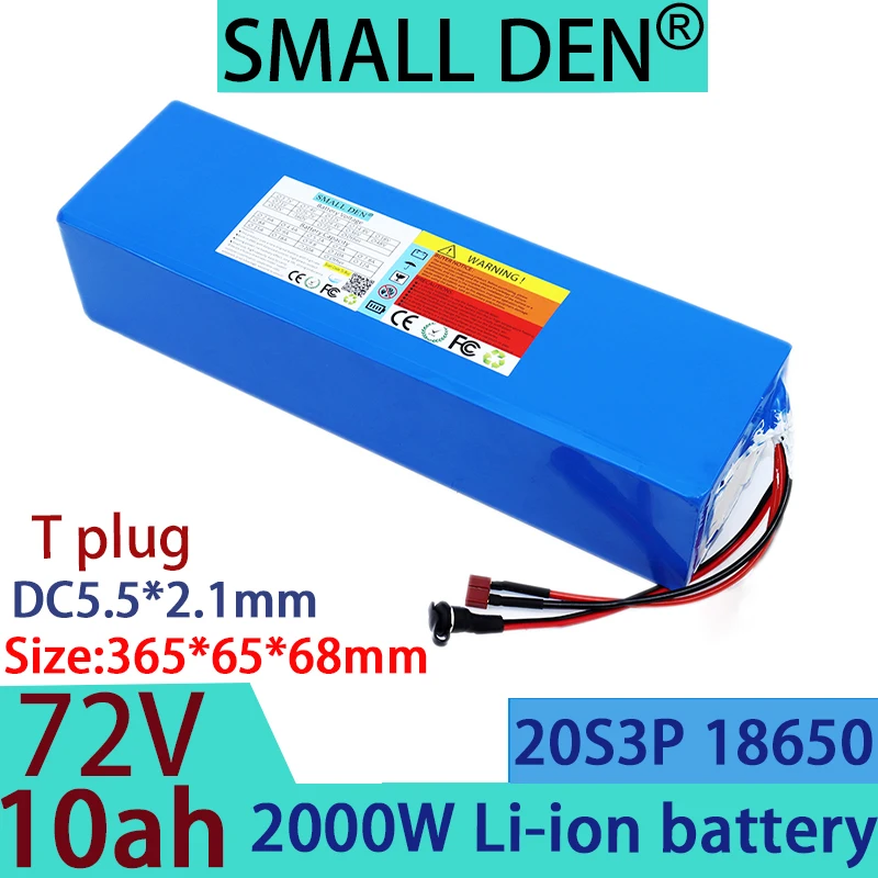 72V 10Ah18650 lithium battery pack rechargeable battery 0-2000W, 20S3p suitable for built-in 30A BMS power backup+2A 3A charger