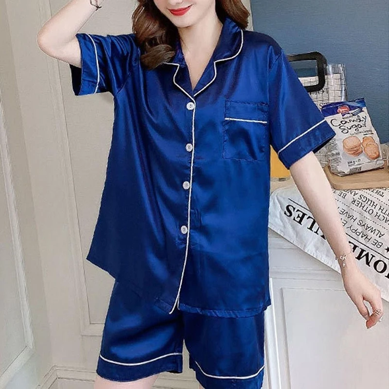 Women\'s Pajamas Set Summer Ice Silk Short Sleeve Shorts 2 Piece Suit Pyjama Femme Nightwear Loungewear Set