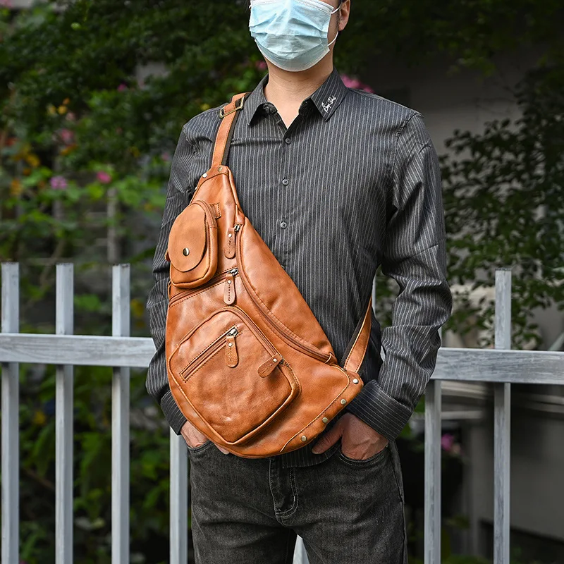 

European Vegetable Tanned Leather Chest Bag, Large Capacity Multi-functional Men Vintage Genuine Cowhide Crossbody Shoulder Pack