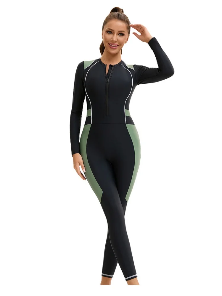 Women Color Block Full Body Swimsuit Long Sleeve Zip Front One Piece Rash Guard Suit Quick Dry Surfing Diving Wetsuit Swimwear
