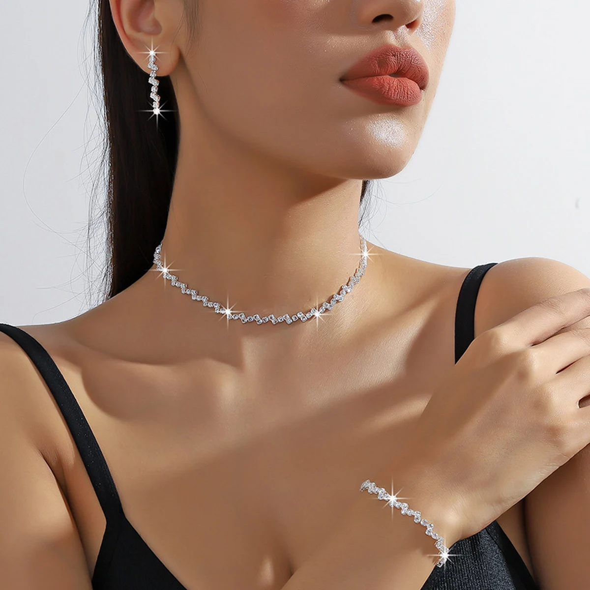 Shiny Silver Plated Collarbone Chain Necklace Bracelet Set