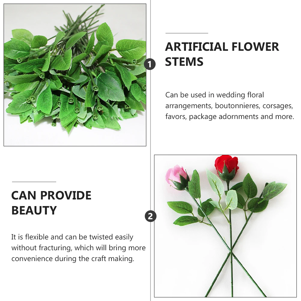 

40 pcs Rose Stems Green Leaves Plastic Durable Floral Arrangement Craft Flexible Non Fracturing DIY WireFlowers