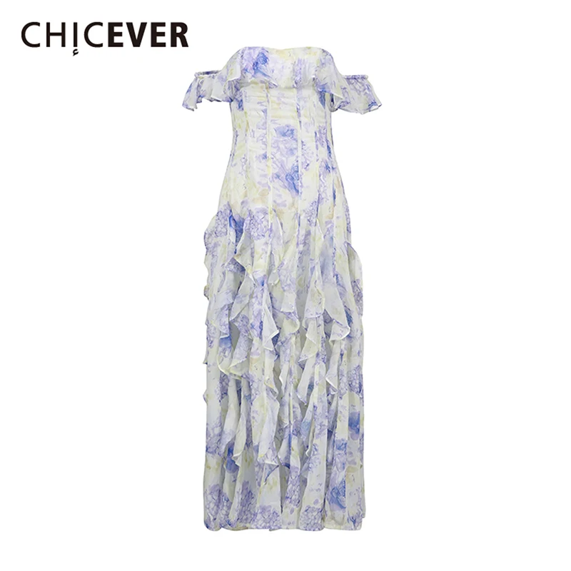 

CHICEVER Hit Color Spliced Ruffles Basics Dress Female Slash Neck Short Sleeve Loose Beach Style Women's Dresses Summer Fashion