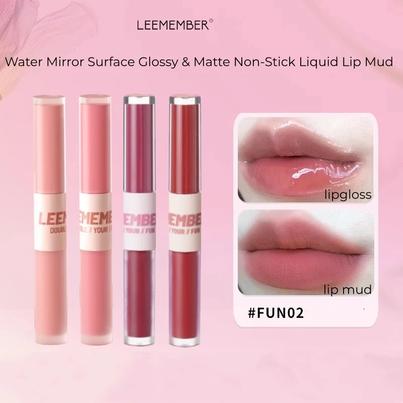 LEEMEMBER Double Head Lip Mud -Lip Gloss Lipstick Two Effect Have Fun Water Mirror Surface Glossy Matte Non-Stick Liquid Lip Mud