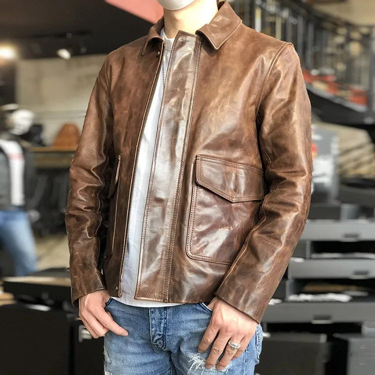 

YR!Free shipping.2020 Brown batik horsehide jacket,casual style leather clothes,Man Vintage genuine leather coat,High quality