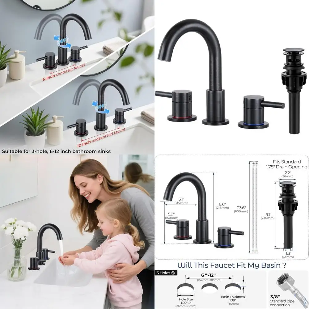 

8 Oil-Rubbed Bronze 3-Hole Widespread Sink Faucet with 360° Swivel Spout and Pop-Up Drain
