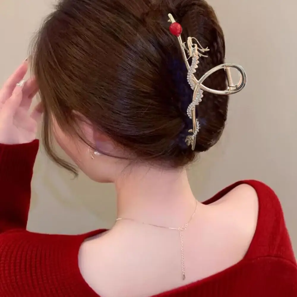 Red Zodiac Dragon Hair Claw Exaggerated Cartoon Hairpin Animal Hair Clip Chinese Style Grab Clip Rhinestone Shark Clip Female