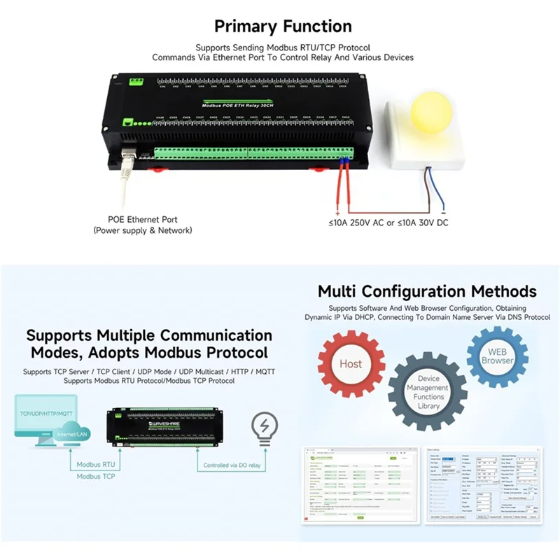Modulo relè Ethernet Y43A-30-Ch, protocollo Modbus RTU/Modbus TCP, porta Poe con vari circuiti di protezione isolante