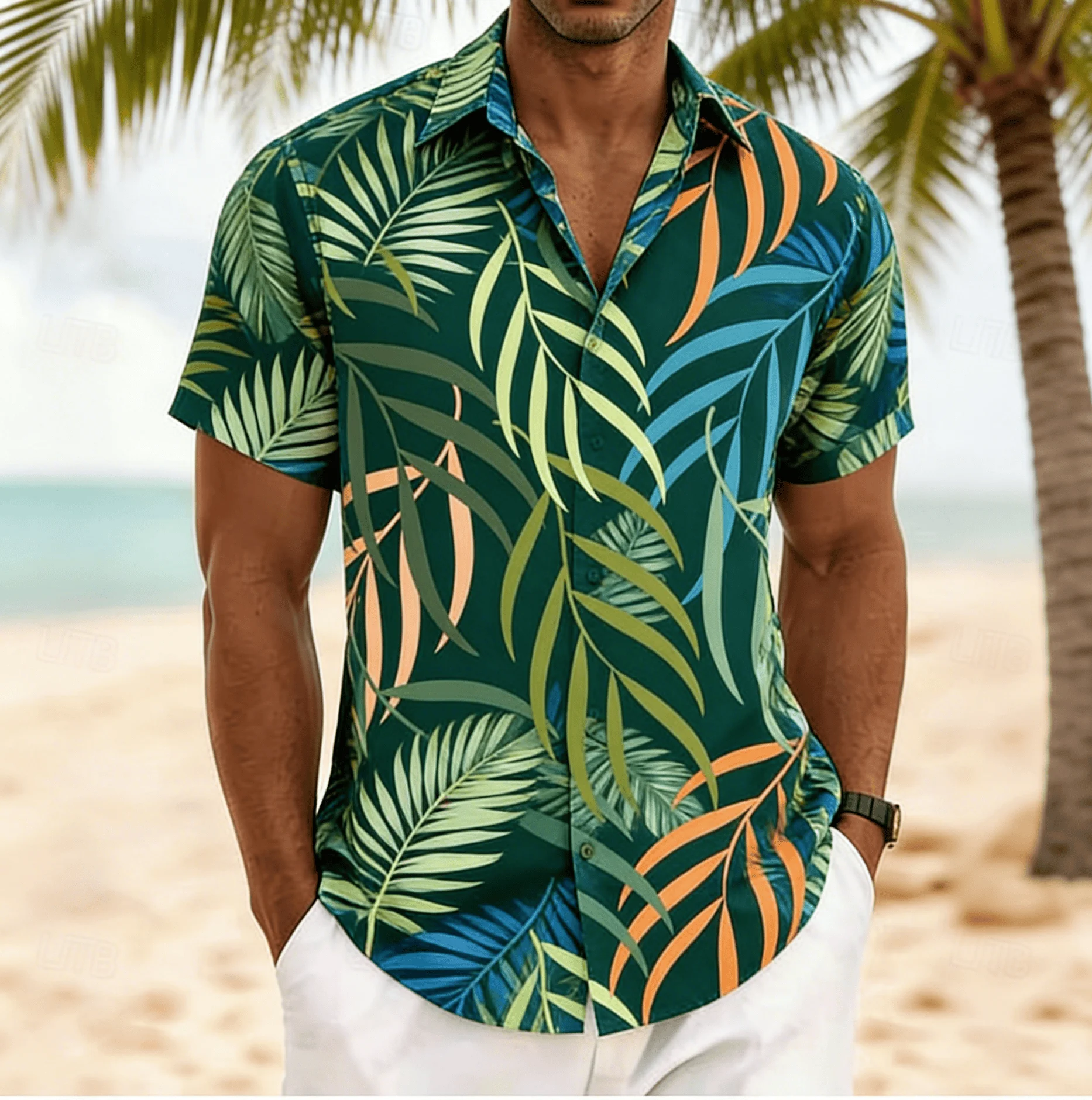 

Men's Block Palm Leaf Print Short Sleeve Shirt, Spring Summer Hawaiian Vacation Turn-Down Collar Blouse, Loose Casual Top