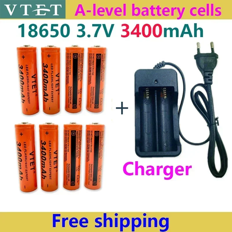 18650 Battery Rechargeable Battery 3.7V 18650 3400mAh Capacity Li-ion Rechargeable Battery for Flashlight Torch Battery+Charger