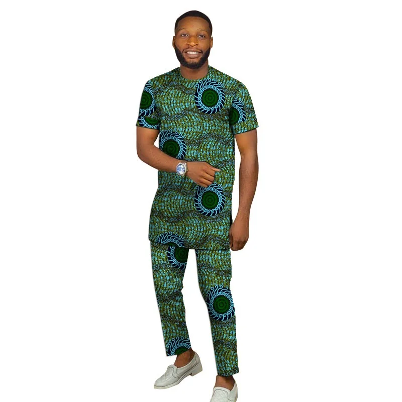 Conjunto con estampado africano para hombre, Tops de manga corta con pantalón, moda nigeriana, prendas de vestir para fiesta de boda