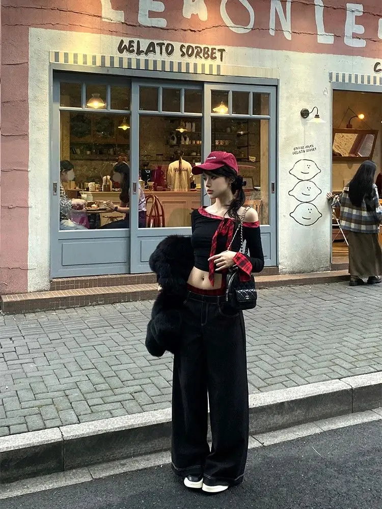 Korean Sexy Slash Neck Women T Shirts Y2K Fashion Patchwork Lace Up Crop Top Harajuku Streetwear Slim All Match Ladies Tees New