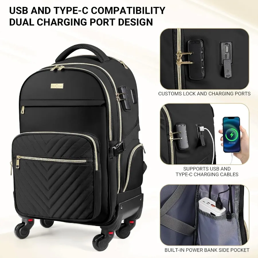 حقيبة ظهر ستار كلاود رولينج للنساء مقاس 21 بوصة × 14 بوصة × 9 بوصة حقيبة ظهر للسفر بسعة 45 لتر مع عجلات ومنافذ شحن USB ونوع C تناسب 17.3 بوصة عرض #3