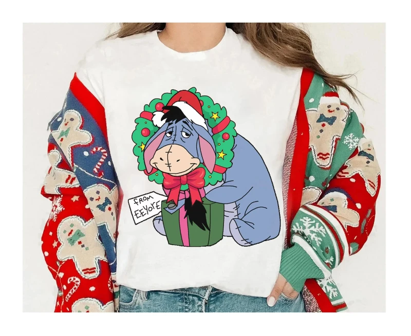 

2025 Disney Summer New Eeyore Santa Hat Christmas Light Costume Winnie The Pooh Shirt Matching Christmas Group Shirts Plus Size