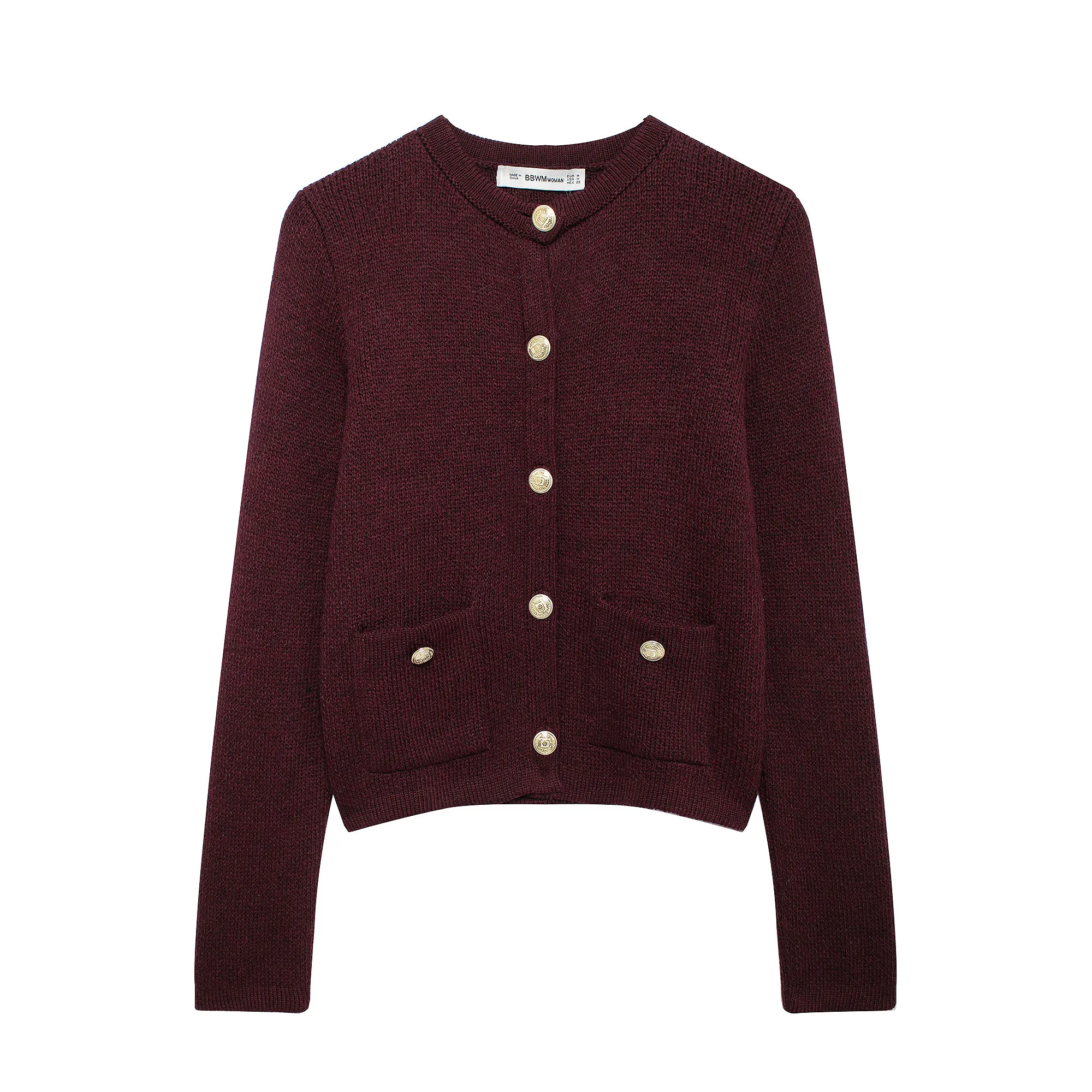 Gold-Breasted Knitted Jacket Round Neck Long Sleeve Burgundy Sweater