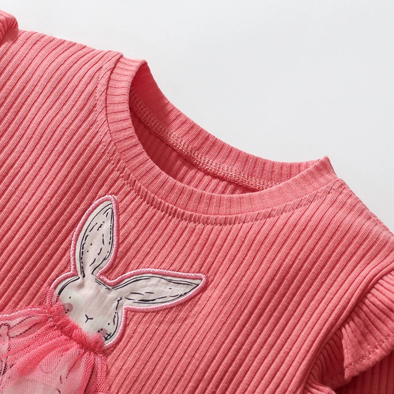 Little maven Baby Girls Kids Clothes Children\'s Clothing 2024 Autumn Cotton Cartoon Long Sleeves Rabbits Mesh Dresses 2-7 year