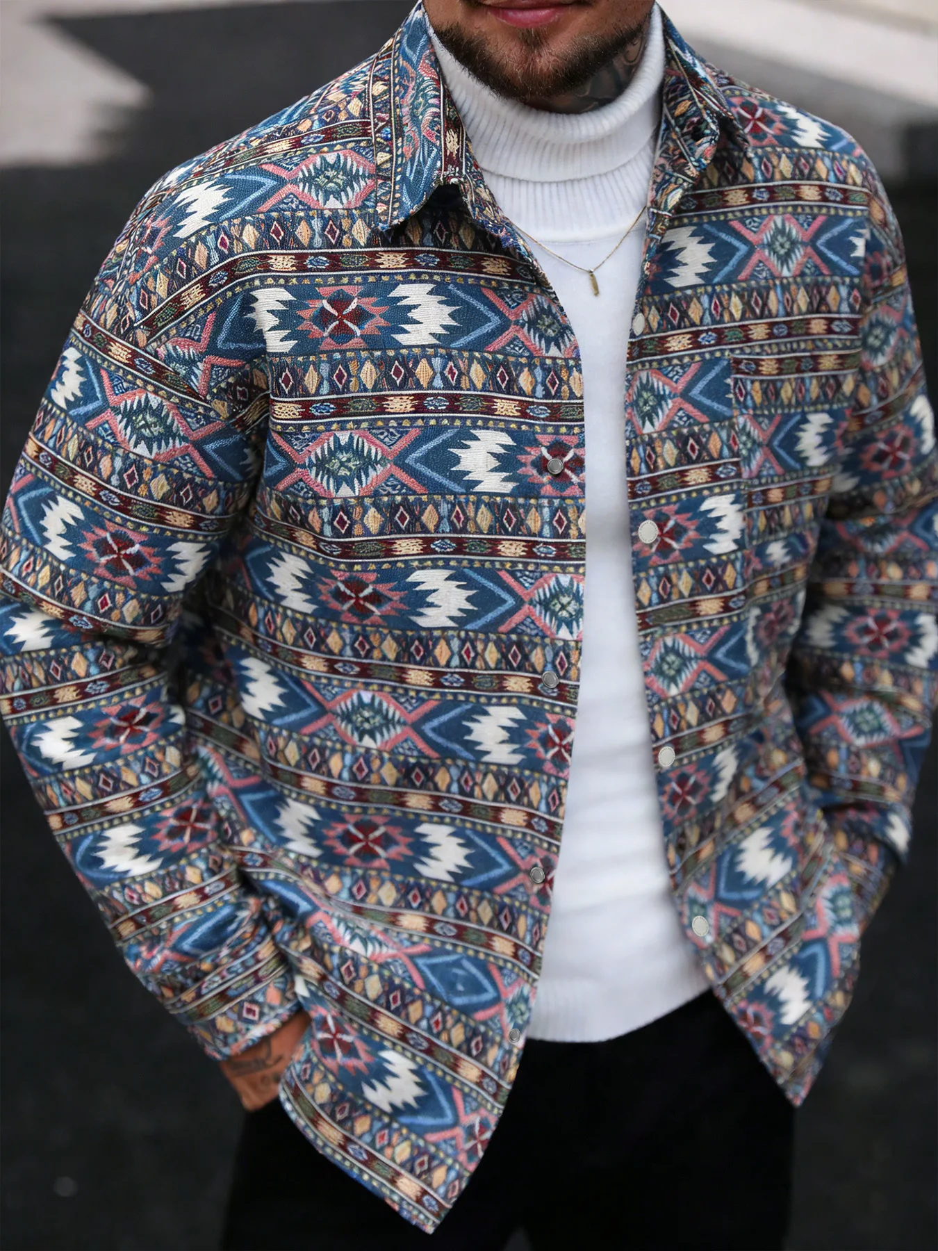 

Модная мужская рабочая куртка в этническом стиле с жаккардовым узором и отложным воротником, универсальная, для весны и осени
