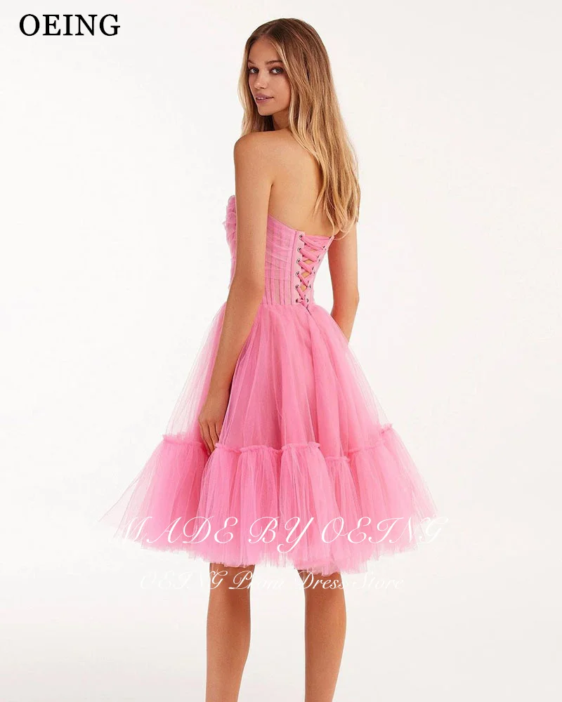 OEING Simple Pink A-Line Prom Dresses Elegant Off The Shoulder Strapless Party Gowns Knee-Length Soft Tulle Vestidos de noche