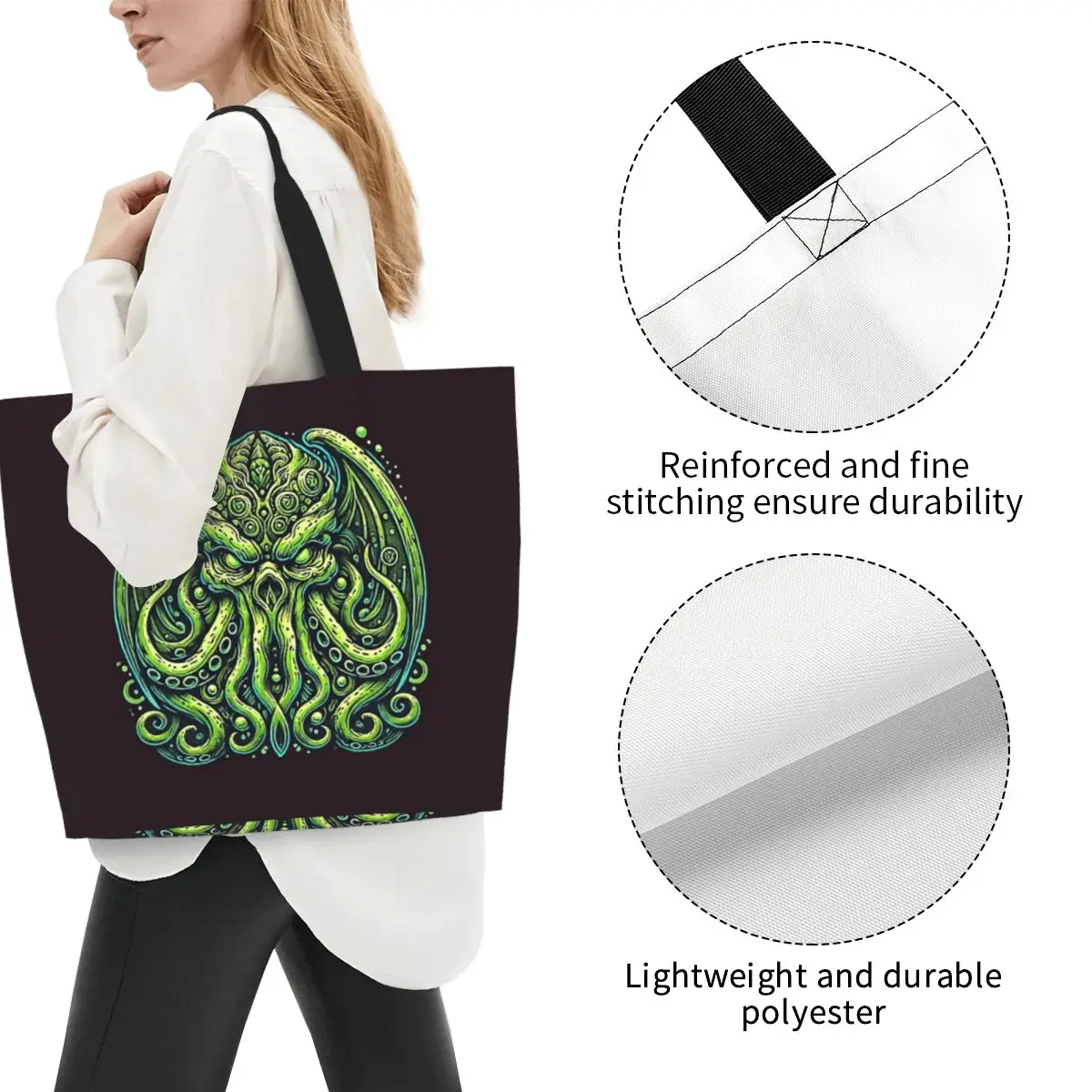 Green Cthulhu Octopus With Tentacles And Teeth Shopping Tote Bag Canvas Shoulder Bags Shopper Grocery Handbag for Women